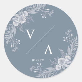 ビクトリアン-スタイル結婚の青と白い花 ラウンドシール