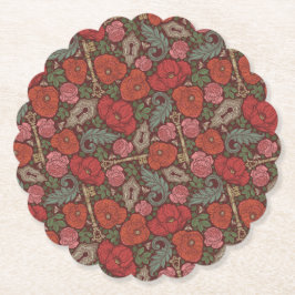 ビクトリアン スチームパンク 古い鍵 赤いポピー ペーパーコースター