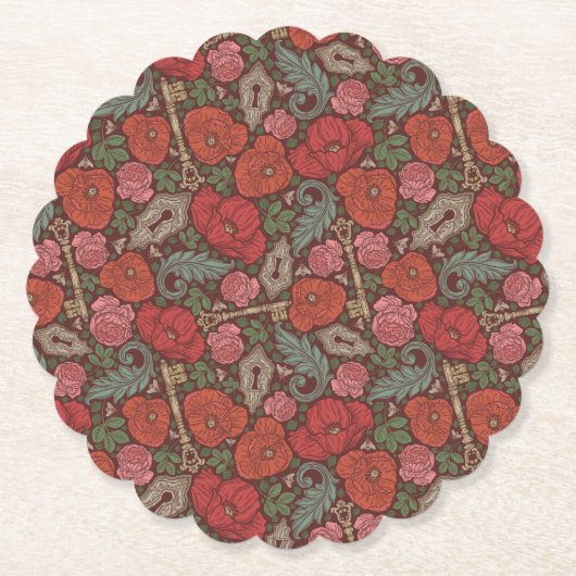 ビクトリアン スチームパンク 古い鍵 赤いポピー ペーパーコースター (正面)