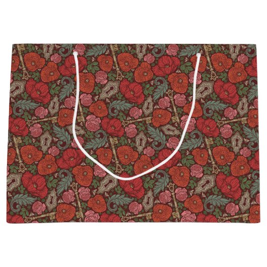 ビクトリアン スチームパンク 古い鍵 赤いポピー ラージペーパーバッグ (正面)