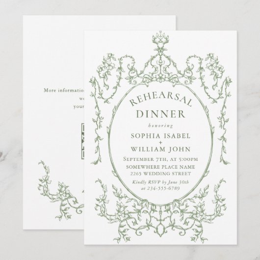 ビクトリアン・セージグリーン・リハーサルディナーQRコード 招待状 (正面/裏面)