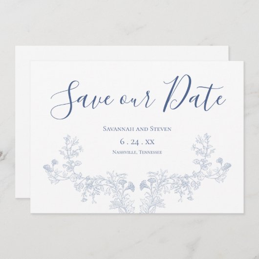 ビクトリアン ソフト ブルー フラワーのSave the Date セーブザデート (正面/裏面)