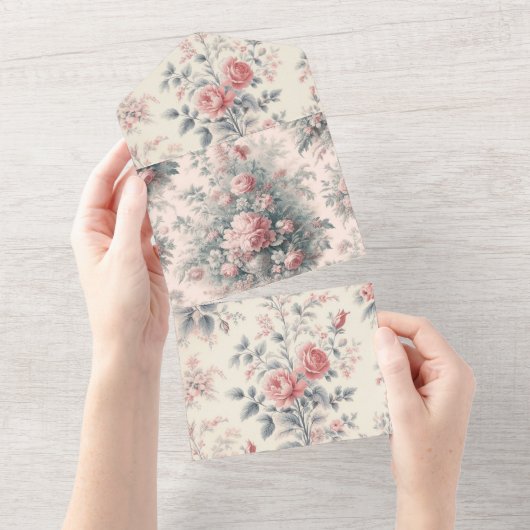 ビクトリアン トワール フレンチピンク フローラル オールインワン招待状 (貼ってはがせる)