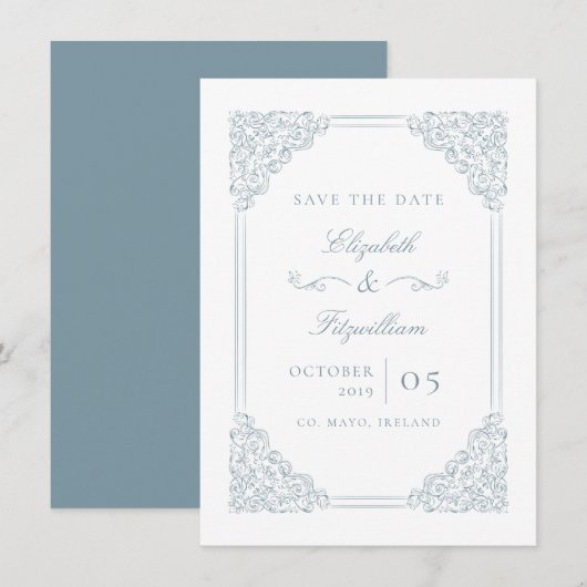 ビクトリアン バロック ヴィンテージ ブルー オーナメント フレーム セーブザデート (正面/裏面)