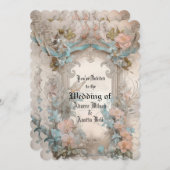 ビクトリアン パステルピンク ブルーの花 招待状 (正面/裏面)