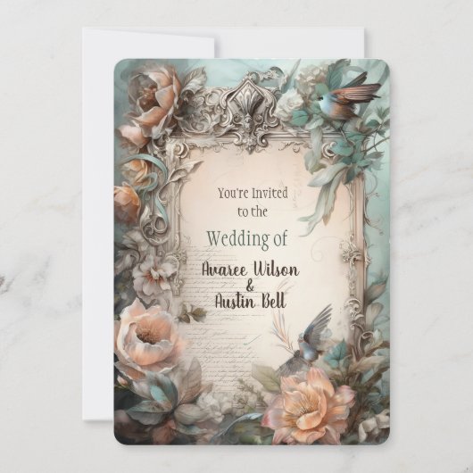 ビクトリアン パステル ピンク ブルー フラワー 招待状 (正面)