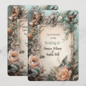 ビクトリアン パステル ピンク ブルー フラワー 招待状 (正面/裏面)