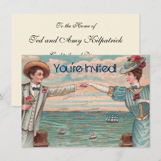 ビクトリアン ビーチ ラブ ドレスシー オーシャン ウェディング カップル 招待状 (正面/裏面)