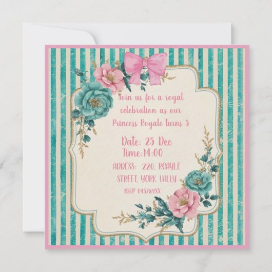 ビクトリアン ピンクとターコイズ フラワープリンセス カスタム 招待状 (裏面)