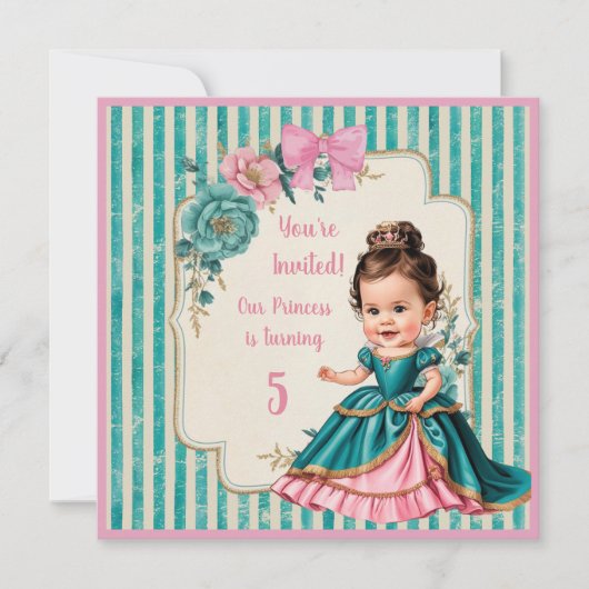 ビクトリアン ピンクとターコイズ フラワープリンセス カスタム 招待状 (正面)