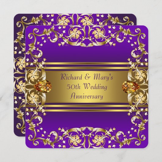 ビクトリアン フラワーズ パープルとゴールド 50周年記念 招待状 (正面/裏面)