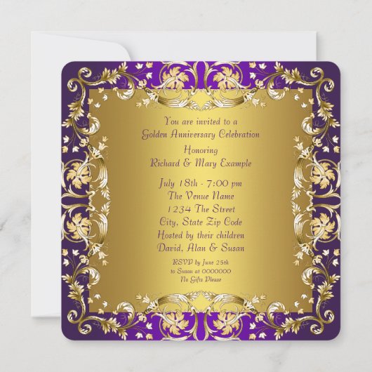 ビクトリアン フラワーズ パープルとゴールド 50周年記念 招待状 (裏面)