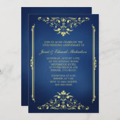 ビクトリアン ブルーとゴールドのアニバーサリー 招待状 (正面/裏面)
