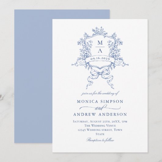ビクトリアン ブルー ウェディング オルネイト フローラル クレスト 招待状 (正面/裏面)