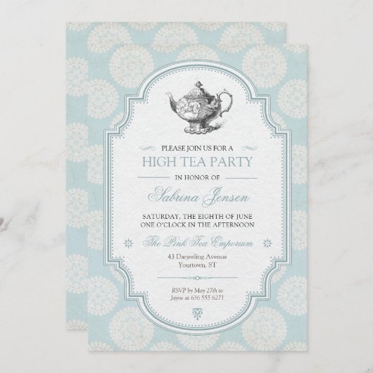 ビクトリアン ブルー ハイティーパーティー 招待状 (正面/裏面)