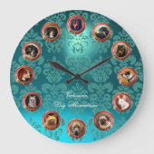 ビクトリアン ミニチュア 犬の肖像画 ティールブルーのダマスク ラージ壁時計 (正面)