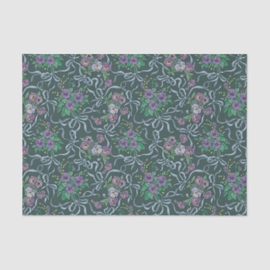 ビクトリアン ヴィンテージ パープル パンジー スチール ブルー リボン 薄葉紙 (正面)