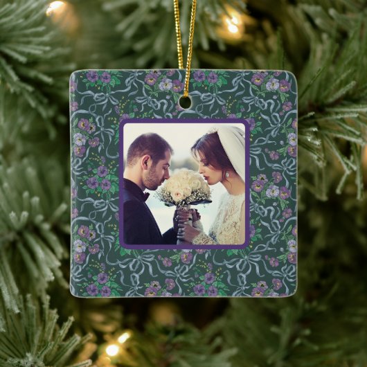 ビクトリアン ヴィンテージ パープル パンジー ブルーリボン フォト セラミックオーナメント (ツリー)
