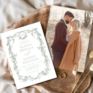 ビクトリアン ヴィンテージ フレンチ フォト セージ グリーン ウェディング 招待状