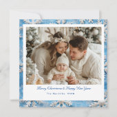 ビクトリアンBlue Snowflake Christmas Photo サンキューカード (正面)