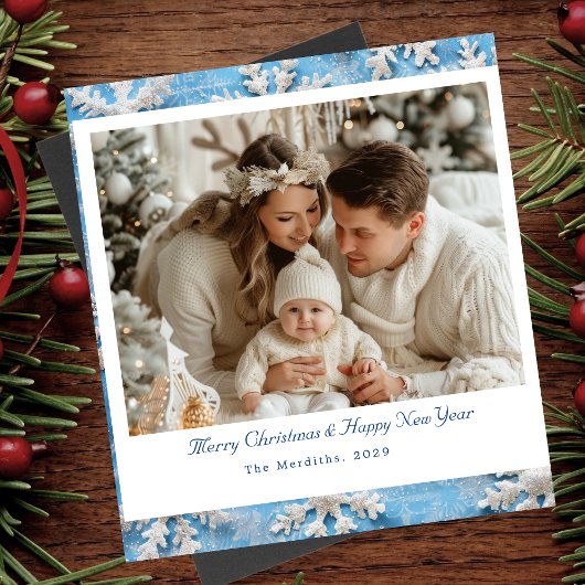 ビクトリアンBlue Snowflake Christmas Photo サンキューカード