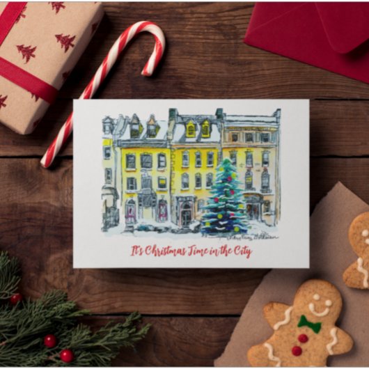 ビクトリアンBrownstone Hand Drawn City Christmas カード