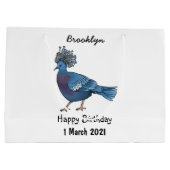 ビクトリア冠ハト鳥の漫画イラストレーション ラージペーパーバッグ (裏面)