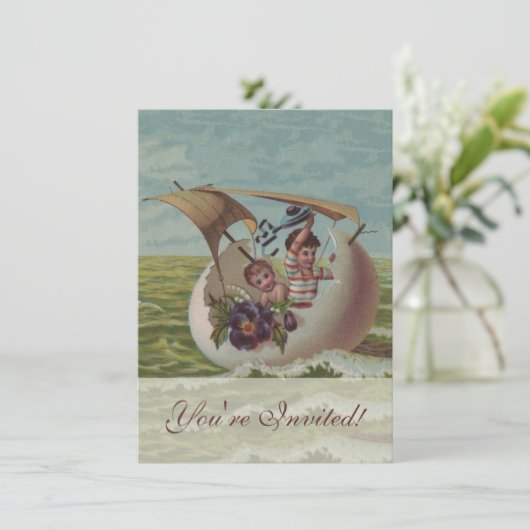ビクトリア時代のイースターカードに描かれた子供たちと卵の帆船 招待状 (スタンド正面)