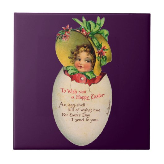 ビクトリア時代のイースター、卵の中のかわいい少女のヴィンテージイラスト タイル (正面)