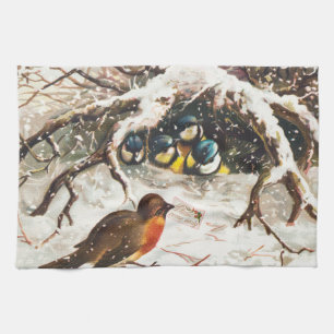ビクトリア時代のクリスマスカード(鳥) キッチンタオル
