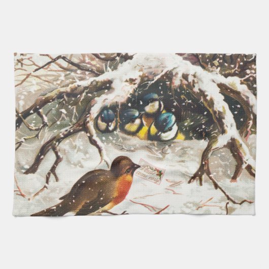 ビクトリア時代のクリスマスカード(鳥) キッチンタオル (横)