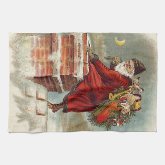 ビクトリア時代のクリスマス サンタクロースが屋根の上 キッチンタオル (横)