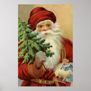 ビクトリア時代のクリスマス、ツリーを持つビクトリア風サンタクロース ポスター