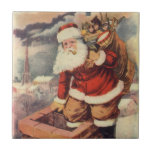 ビクトリア時代のクリスマス　ビクトリアンサンタクロースが煙突を降りる タイル<br><div class="desc">ビクトリア時代のイラスト　ビクトリアン メリークリスマスの休日のイメージ。白ひげと帽子をかぶったサンタクロースが、クリスマスイブにぬいぐるみがたくさん入った袋を背負って、家の煙突を降りてくる様子。ハッピーホリデー＆シーズンズグリーティング！</div>