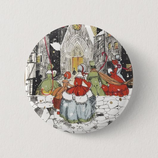 ビクトリア時代のクリスマス ヴィンテージの人々が教会へ 缶バッジ (正面)