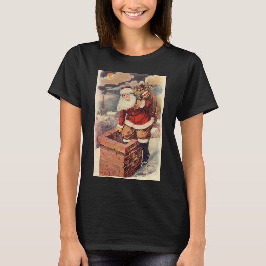 ビクトリア時代のクリスマス ヴィンテージサンタクロースが煙突を降りる Tシャツ (正面)
