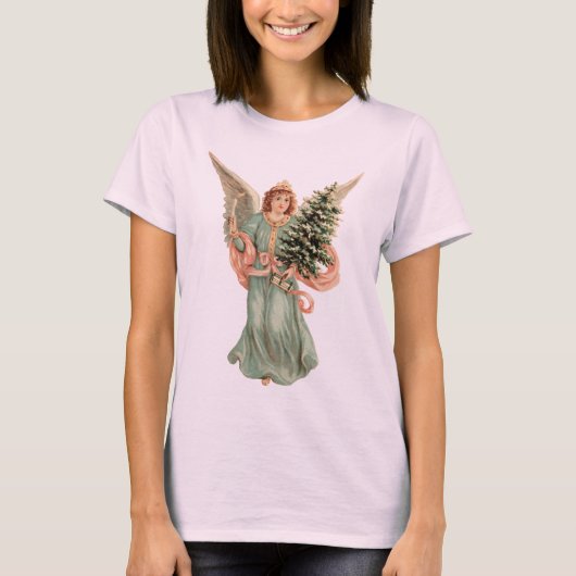 ビクトリア時代のクリスマス、天使とクリスマスツリー Tシャツ (正面)