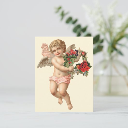 ビクトリア時代のクリスマス、天使と花のリース 招待状 (スタンド正面)