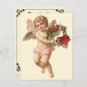 ビクトリア時代のクリスマス、天使と花のリース 招待状 (正面/裏面)