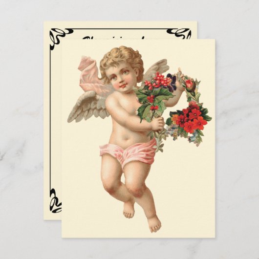 ビクトリア時代のクリスマス、天使と花のリース 招待状 (正面/裏面)