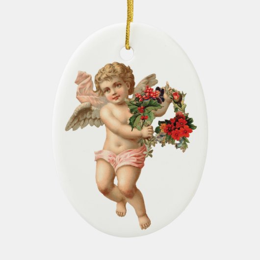 ビクトリア時代のクリスマス、天使と花輪 セラミックオーナメント (正面)