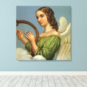 ビクトリア時代のクリスマス、天使のヴィンテージイラスト - 楽器としてハープを弾く美しい音楽天使 キャンバスプリント