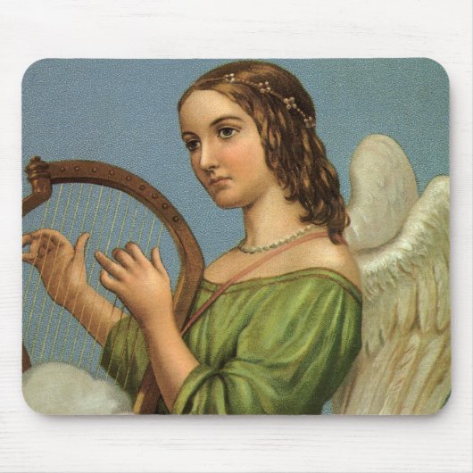 ビクトリア時代のクリスマス、天使のヴィンテージイラスト - 楽器としてハープを弾く美しい音楽天使 マウスパッド (正面)