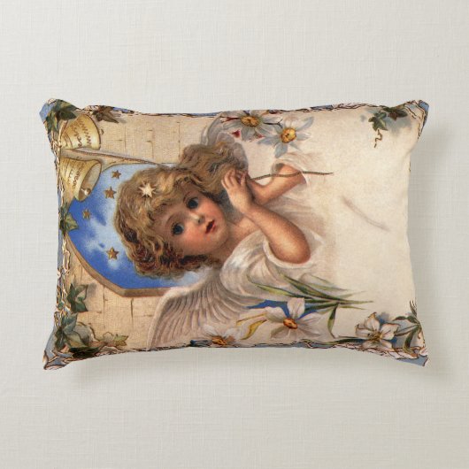 ビクトリア時代のクリスマス、天使のヴィンテージイラスト - 金の鈴 アクセントクッション (正面)