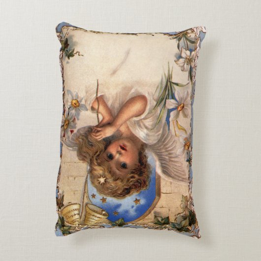 ビクトリア時代のクリスマス、天使のヴィンテージイラスト - 金の鈴 アクセントクッション (裏面(縦))