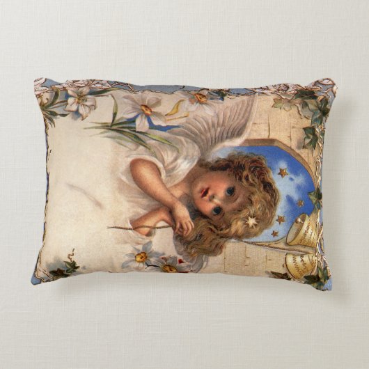 ビクトリア時代のクリスマス、天使のヴィンテージイラスト - 金の鈴 アクセントクッション (裏面)