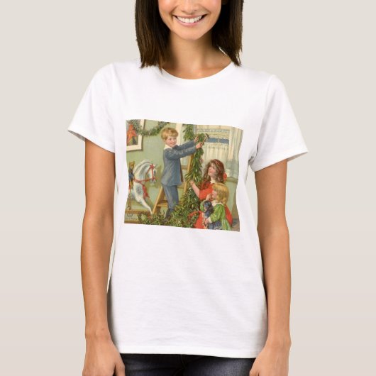 ビクトリア時代のクリスマス、子供たちが飾るヴィンテージイラスト Tシャツ (正面)