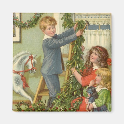 ビクトリア時代のクリスマス、子供たちによる家の飾り付け マグネット (正面)