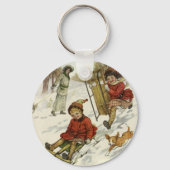 ビクトリア時代のクリスマス 子供たちのスレッジと犬 キーホルダー (正面)