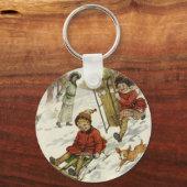 ビクトリア時代のクリスマス 子供たちのスレッジと犬 キーホルダー (正面)